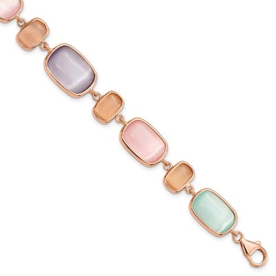 Curata 925 Sterling Silver Rose tone and Created Cats Eye With 1inch Ext. Bracelet 7 Inch