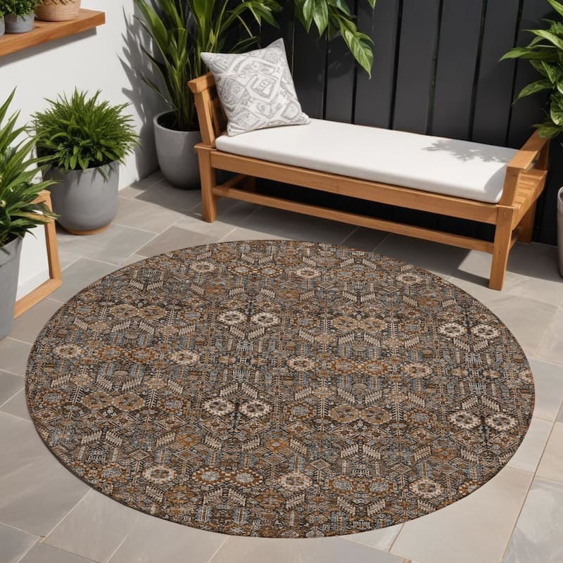 Basi Garden-Inspired Weather Resistant Versatile Elegance Round Outdoor Rug - 8' Round - 8' Round - Chocolate
