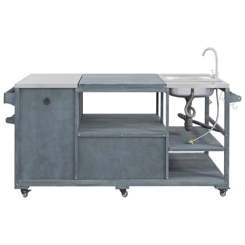 75.4" Rolling Outdoor Kitchen Island with Stainless Steel Top, Premium Solid Wood Grill Cart with Sink and Wheels for Outdoor