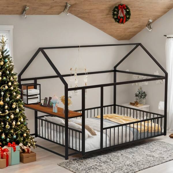 slide 2 of 34, Metal Full Size Bed House Bed with Desk,Smart Storage and USB Ports Black