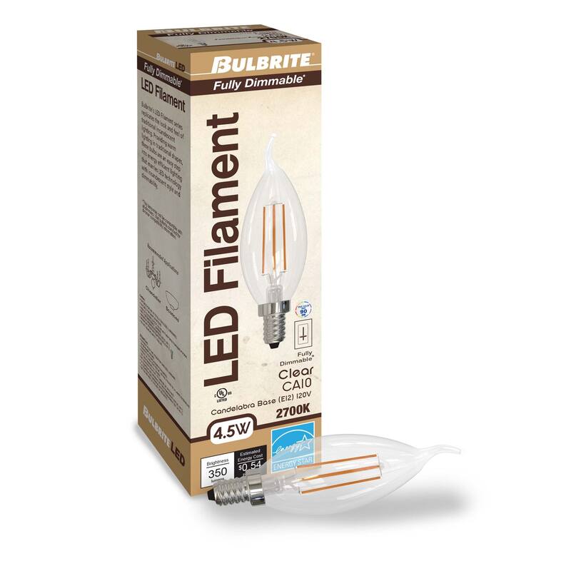 Bulbrite Pack of (4) Dimmable Clear Filament CA10 Candelabra (E12) LED Bulb