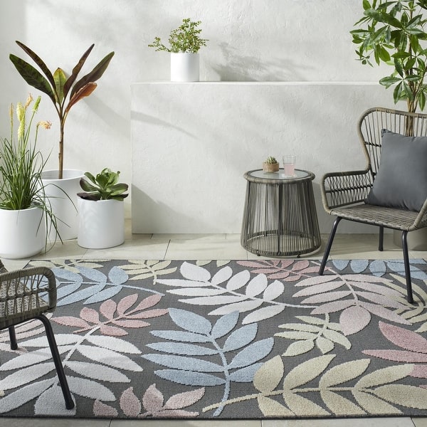 slide 2 of 14, Livabliss Lakeside Coastal Floral Outdoor Area Rug Black/Multi - 2' x 2' 11"