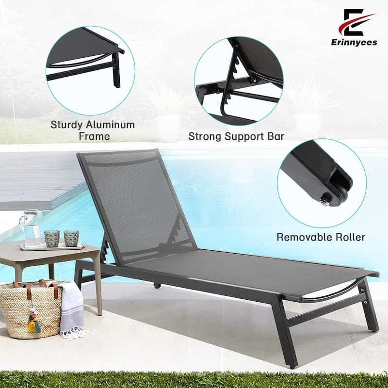 Erommy Outdoor Chaise Lounge, Aluminum Patio Lounge Chair with Wheels, All-Weather Five-Position Adjustable Reclining Chair