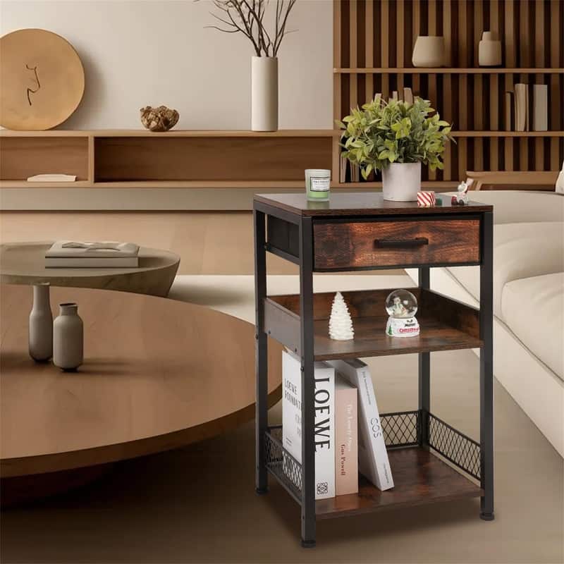 Brown Nightstand Printer Table with Drawers - 11.81"D x 15.75"W x 25.79"H