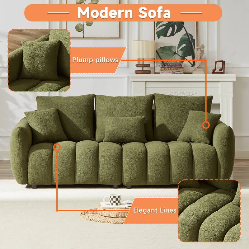 3-Seater + 3-Seater Sofa Set - Modern Teddy Fabric Couch with 6 Cushions for Gatherings