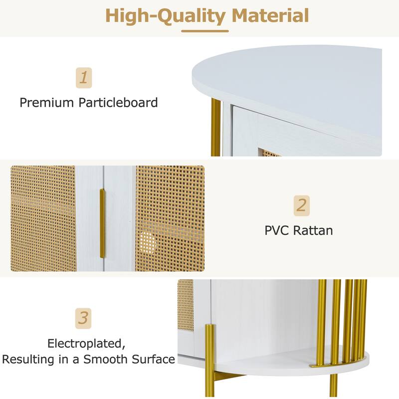 Curved Dining Sideboard with Gold Trim and Woven Rattan Doors for Stylish Dining Room Storage