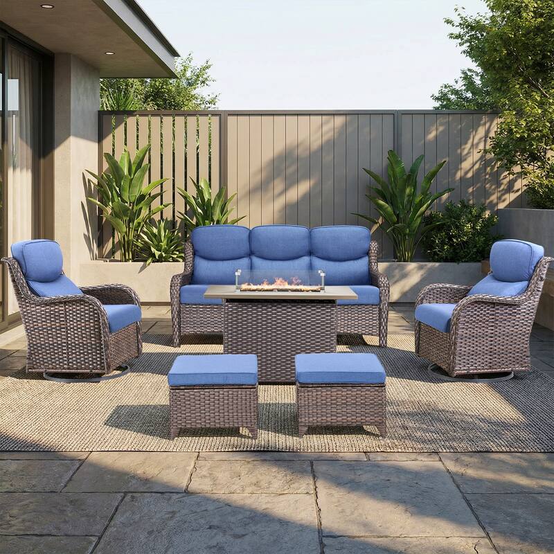 Pocassy Outdoor Fire Pit Sofa Swivel Chairs Conversation Set - Brown Wicker Blue Cushion - 6-Piece Sofa Swivel Chair Ottoman w/ Fie Table