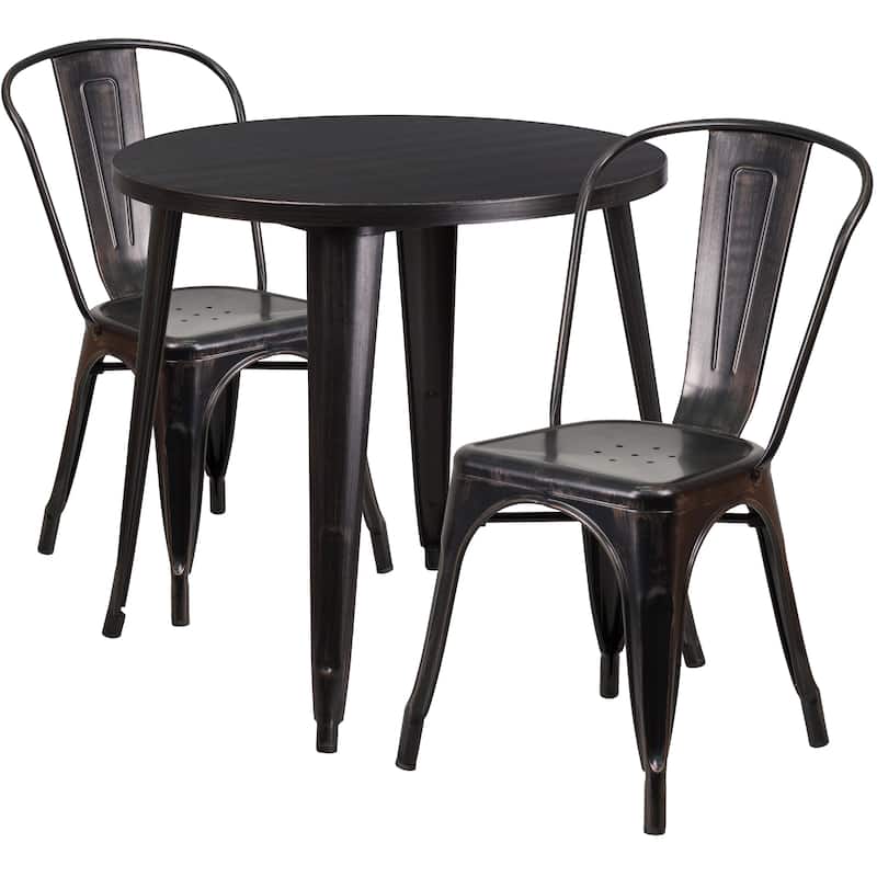 30'' Round Metal Indoor-Outdoor Table Set with 2 Cafe Chairs - Black-Antique Gold