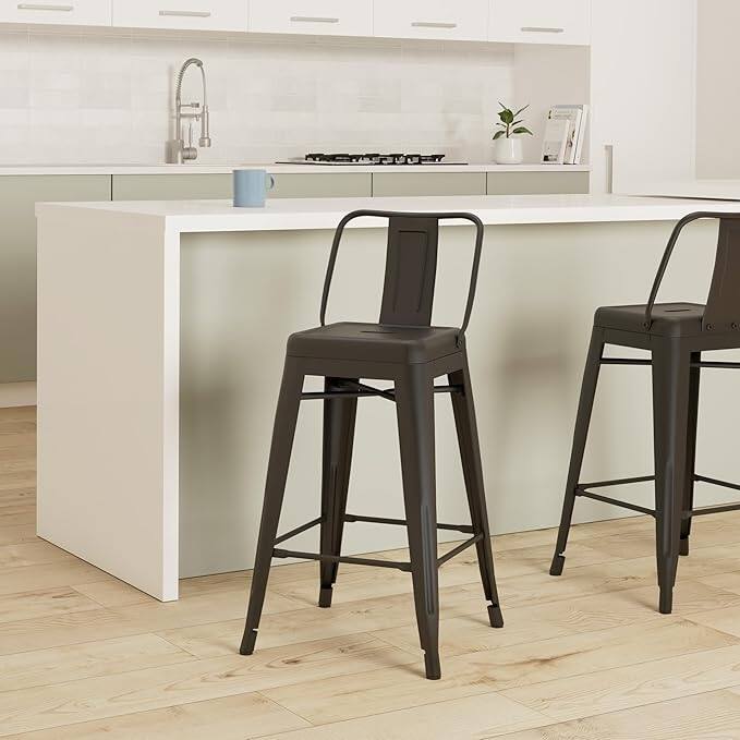 Industrial Metal Bar Stools Set of 2 Bucket Back 4 Leg Design 30in Seat Matte Black