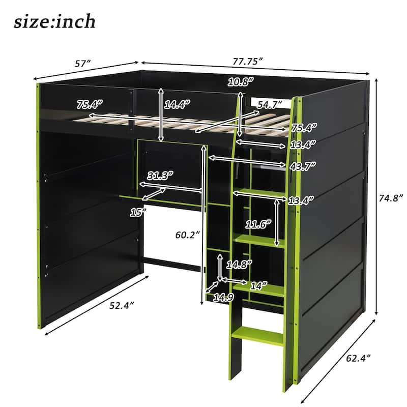 Full-Size Modern Gaming Wooden Loft Bed with RGB Lighting, Desk & Open Storage by Harper&Bright Designs