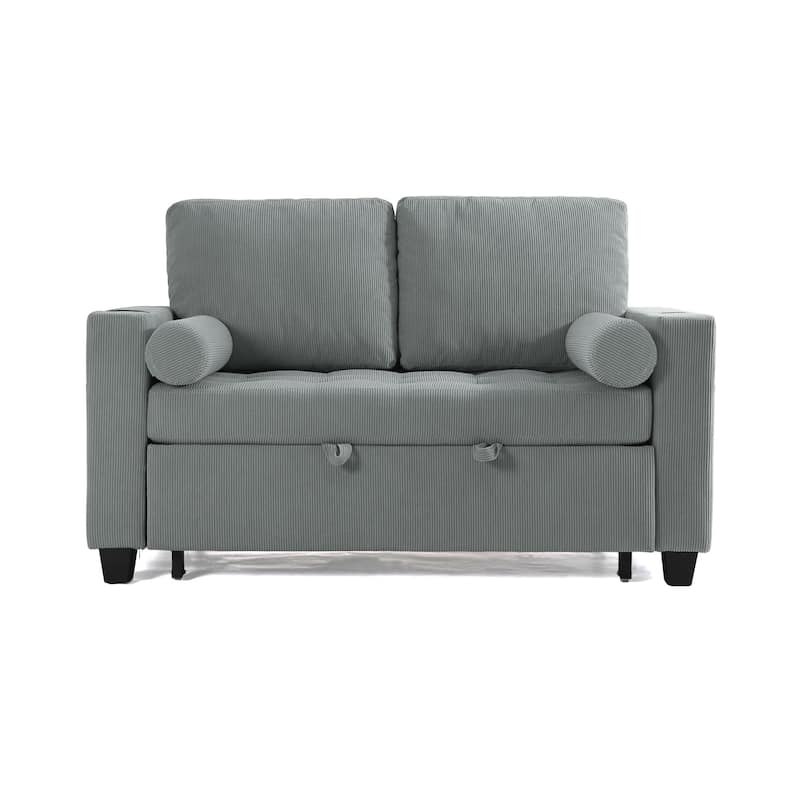 2 Set Corduroy Convertible Sleeper Sofa Bed Loveseats with Cup Holder, USB Ports & Storage
