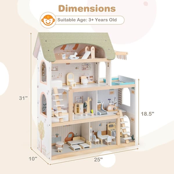 Costway Kids Wooden Dollhouse 4-Story Modern Doll House with 33Pcs - as pic shows - See Details