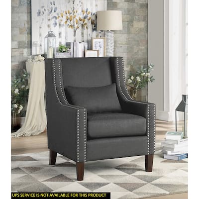 Modern Living Room Chair, Dark Gray Polyester Upholstery, Nailhead Detail