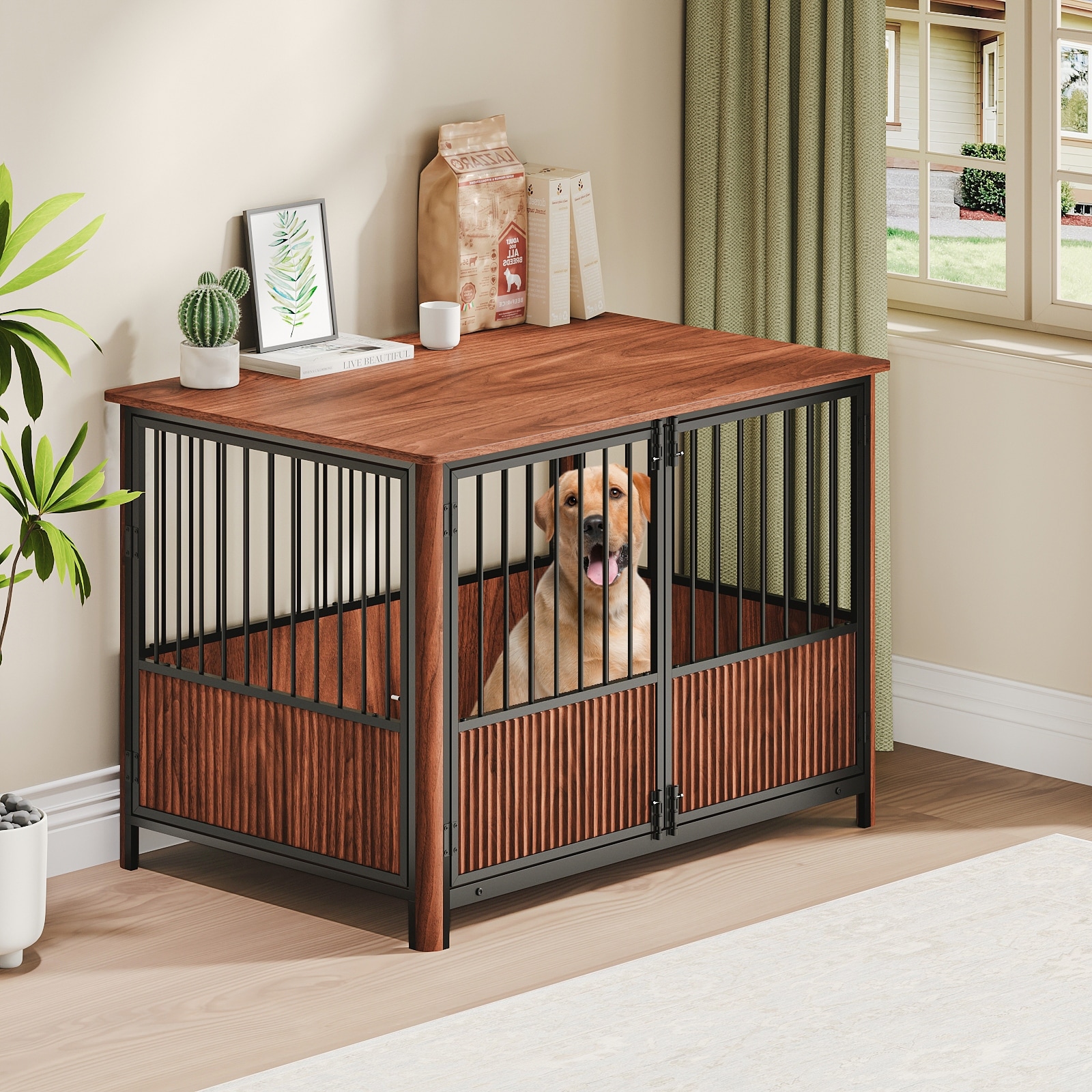 43" Walnut Fluted Wood Furniture Style Dog Crate for Large Medium Dogs - Double Door Design