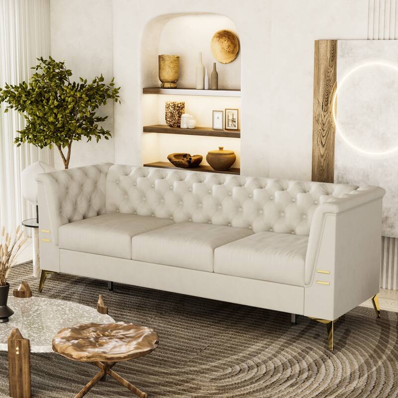 82'' Velvet 3 Seater Chesterfield Sofa Couch with Gold Metal Legs, High Rebound Sponge and Removable Cushions