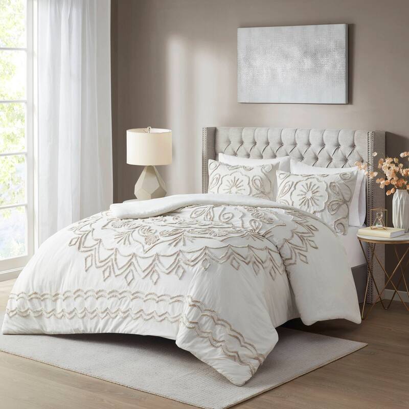 Madison Park Juliana Ivory/ Taupe Tufted Cotton Chenille Duvet Cover Set