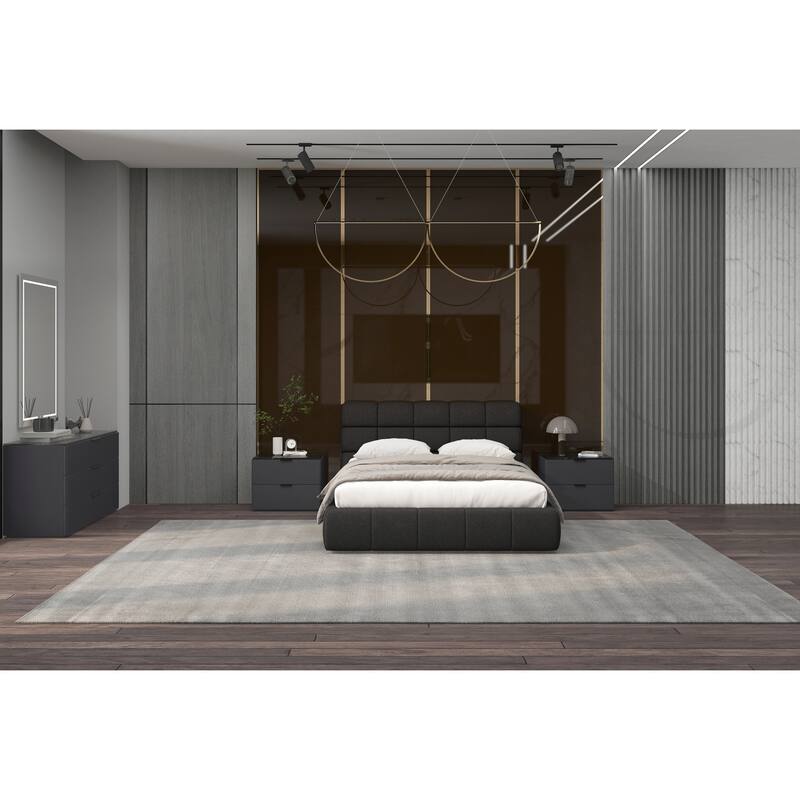 Queen Upholstered Bed - Dark Grey Padded Headboard & Base - Modern Bedroom Furniture