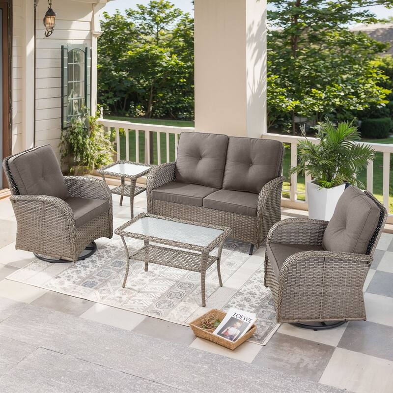 Outdoor Glider Loveseat Sofa with Swivel Chair Set - Grey - Grey