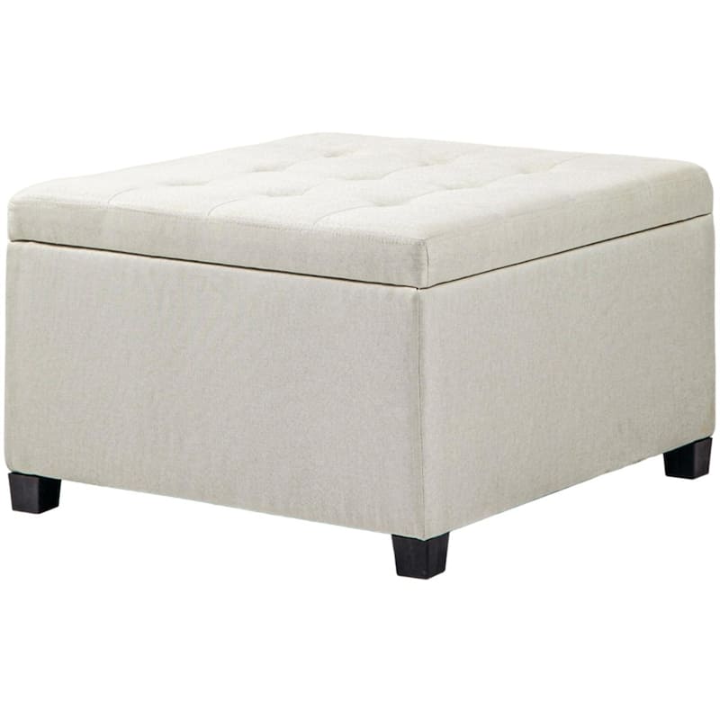 Button-Tufted Storage Ottoman with Flip-Top Seat and Linen-Texture Cushion Wood Frame - Beige