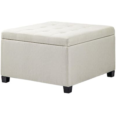 Button-Tufted Storage Ottoman with Flip-Top Seat and Linen-Texture Cushion Wood Frame