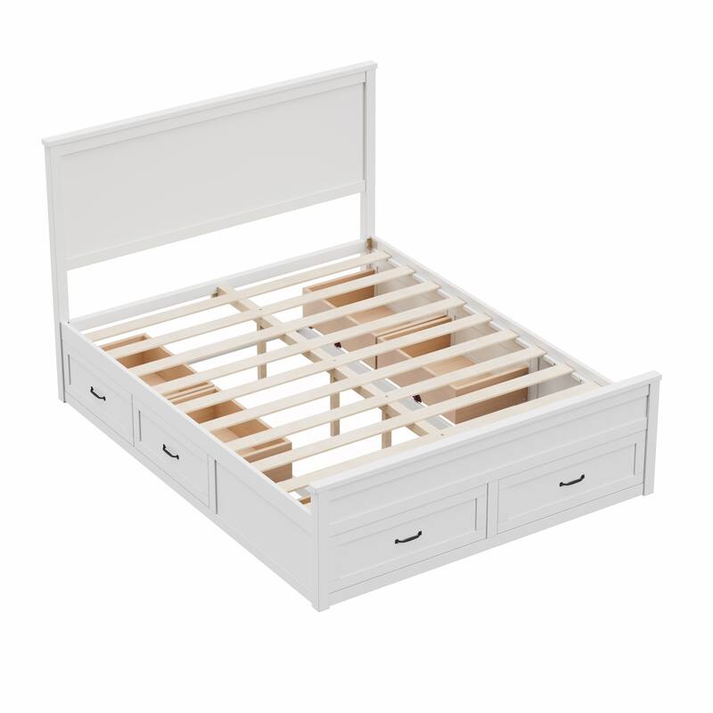 Modern Storage Bed Wood Bed Frame Queen Size Platform Bed with 6 Pull-out Storage Drawers and Panel Headboard Wood Slats Support