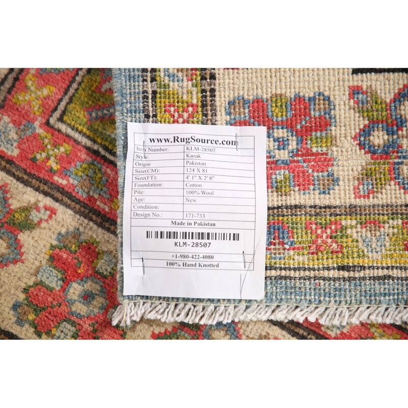 Geometric Kazak Oriental Accent Rug Handmade Wool Carpet - 2'8" x 4'1"
