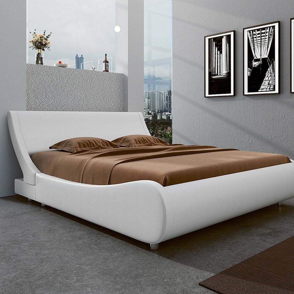 Queen Size Leather Low Profile Sleigh Bed Frame with Headboard, White