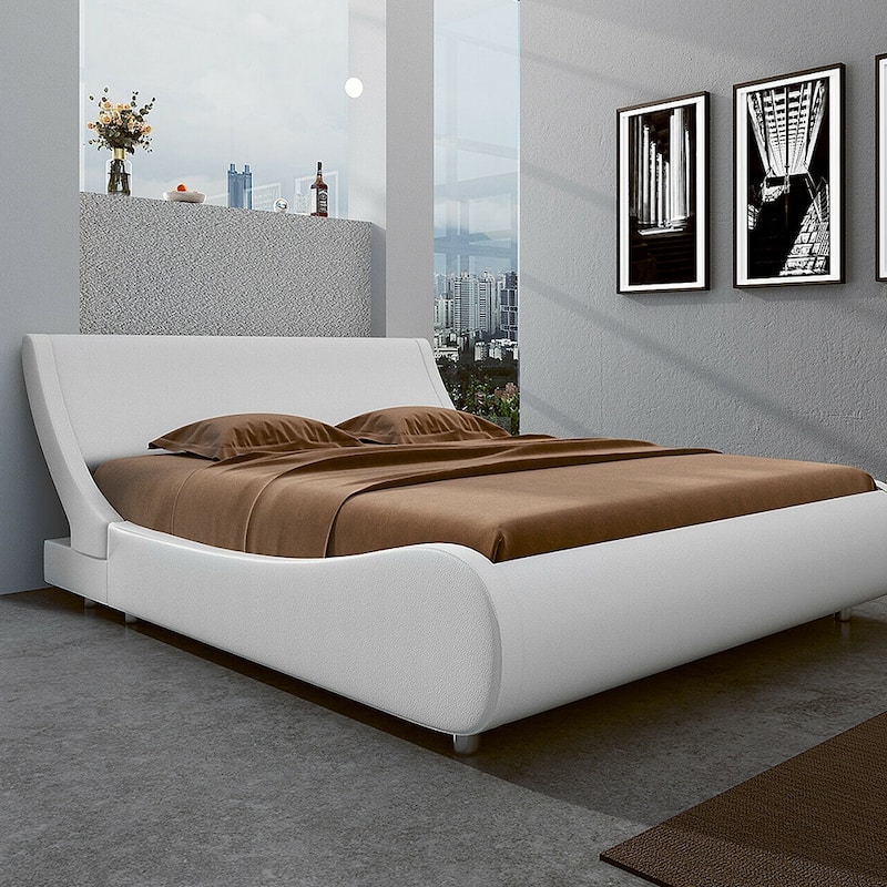 Queen Size Leather Low Profile Sleigh Bed Frame with Headboard, White