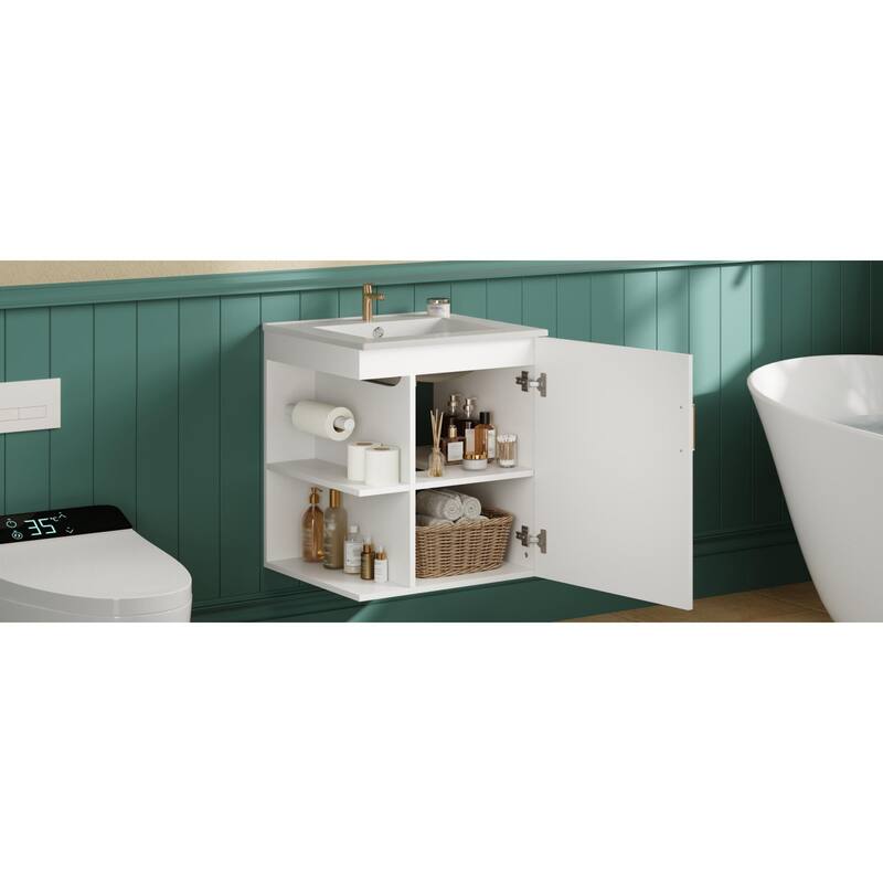 Roomfitters 20 Inch Wall Mounted Bathroom Vanity & Side Cabinet Combo, Floating Storage Station with Sink