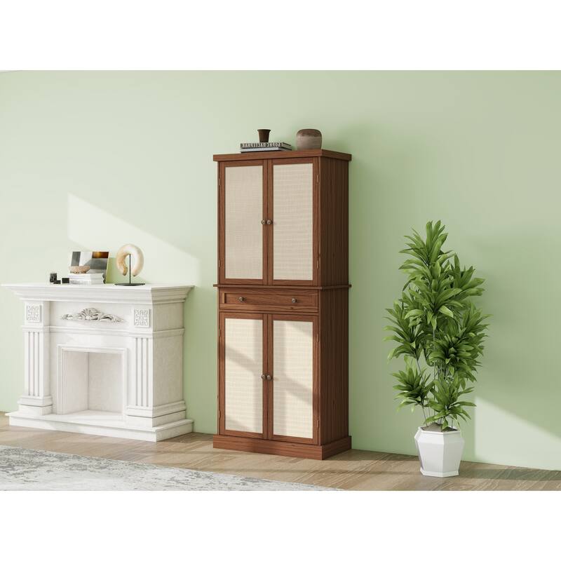 GDFStudio - TallRattan Modern Storage Cabinet with 4 Doors, 1 Drawer, and Adjustable Shelves