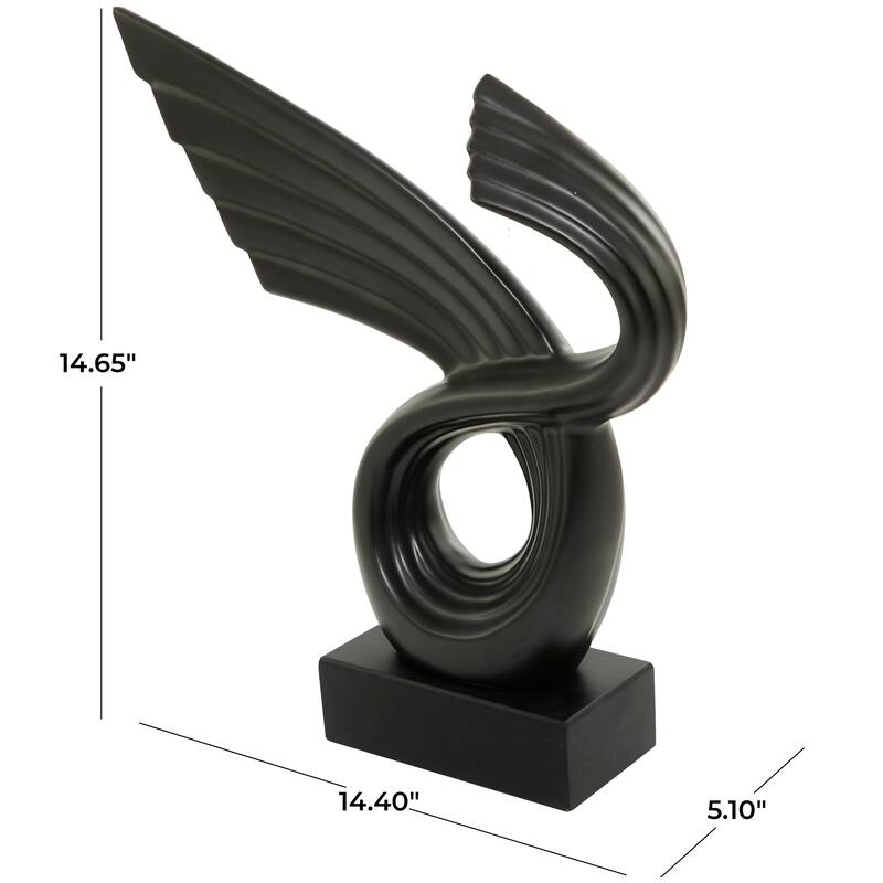 Black Polystone Wing Abstract Decorative Sculpture with Black Base