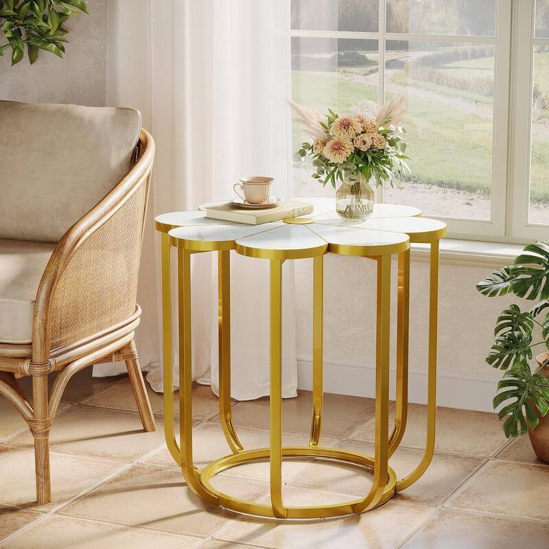 24-Inch Modern Faux Marble End Table with Gold Metal Frame, Flower Side Table for Living Room, Bedroom