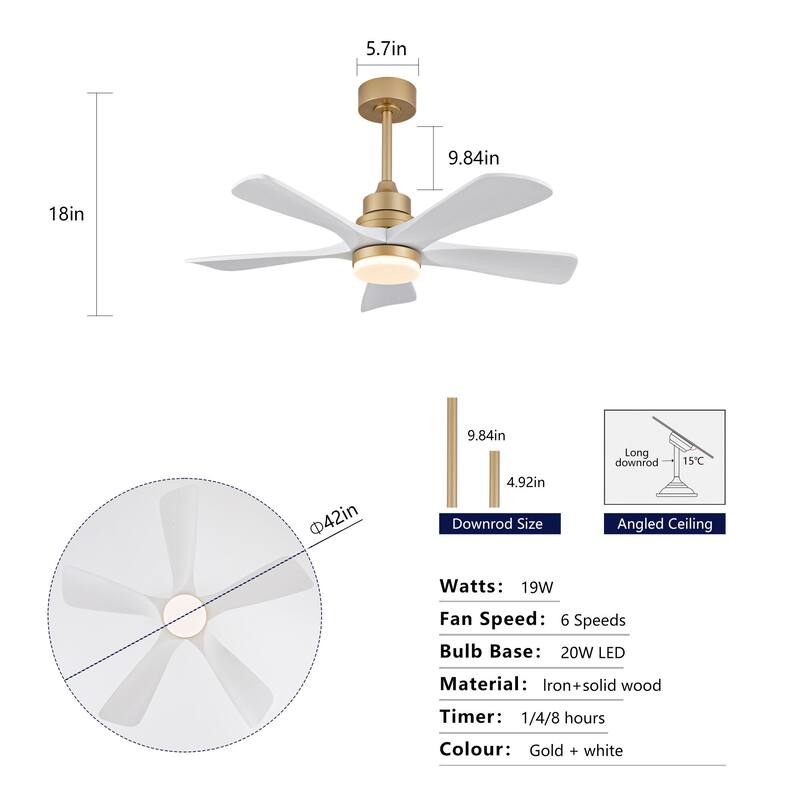 42/52 Inch Ceiling Fan,Electric Fan with Lights & Remote Control,Dimmable 3-Color LED