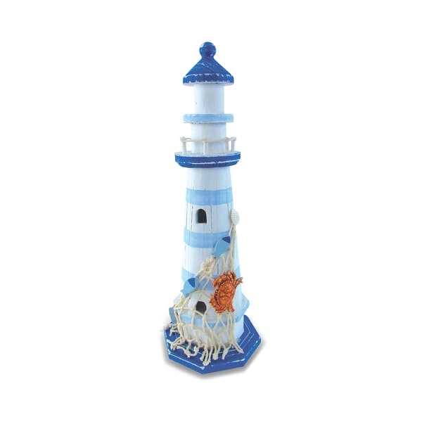slide 1 of 1, CoTa Global Light Blue Striped Lighthouse with Crab and Fishnet Decor - ‎4 x 4 x 12.25 inches