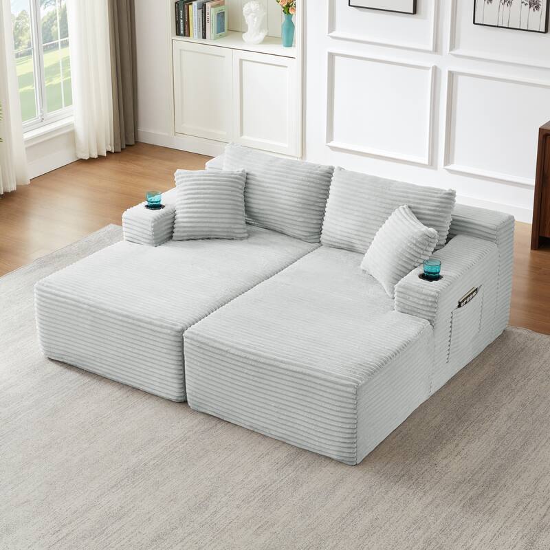 Corduroy Upholstery Cloud Modular Sectional Sofa with Chaise and Pillows, All-Foam Compression Design