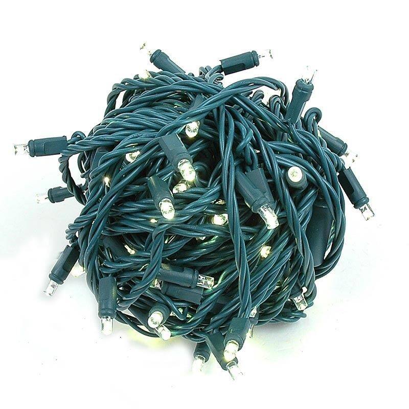 100 Light LED Coaxial Christmas Mini Light Set, Warm White, Green Wire, 50’ - Power Connector