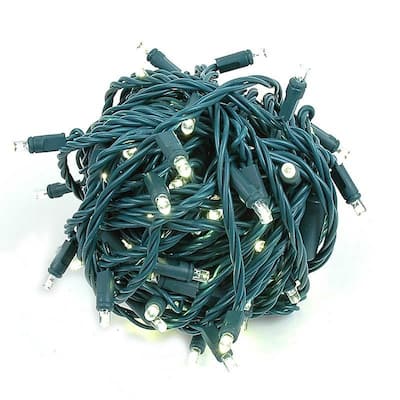 100 Light LED Coaxial Christmas Mini Light Set, Warm White, Green Wire, 50’ - Power Connector