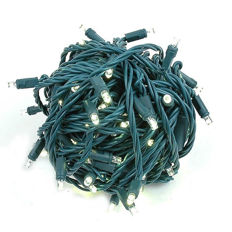 100 Light LED Coaxial Christmas Mini Light Set, Warm White, Green Wire, 50’ - Power Connector