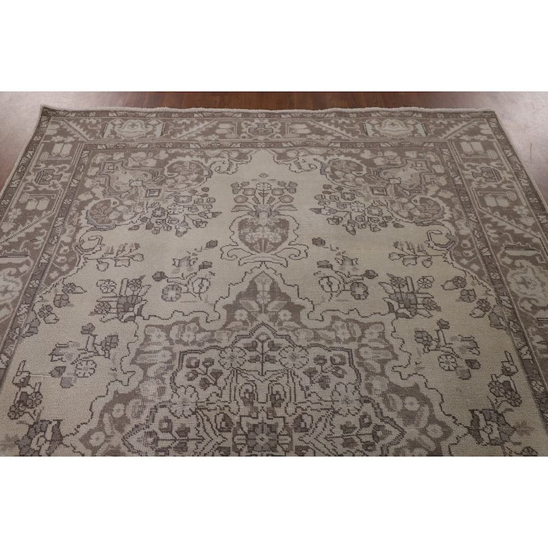 Distressed Tabriz Persian Vintage Area Rug Handmade Beige Wool Carpet - 6'7" x 9'6"