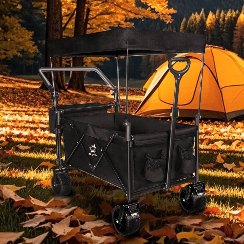 Collapsible Wagon with Canopy Extra Large 140L Storage Steel Frame All-Terrain Wheels Brakes - 20” x 44.9” x 46.8”