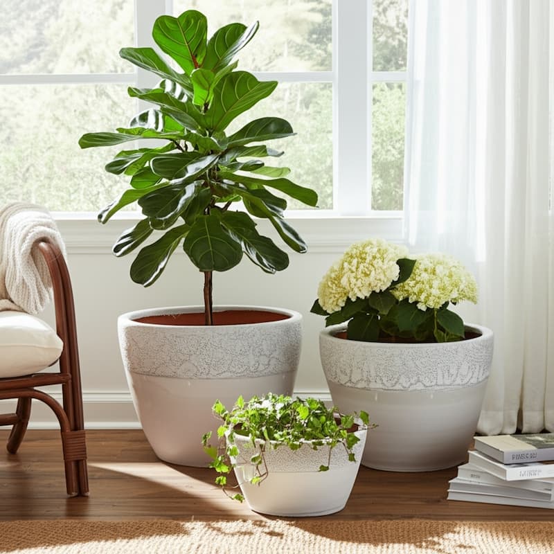 Planters Pottery Clay Modern Textured Round Design (Set of 3) - 15" x 15" x 10"
