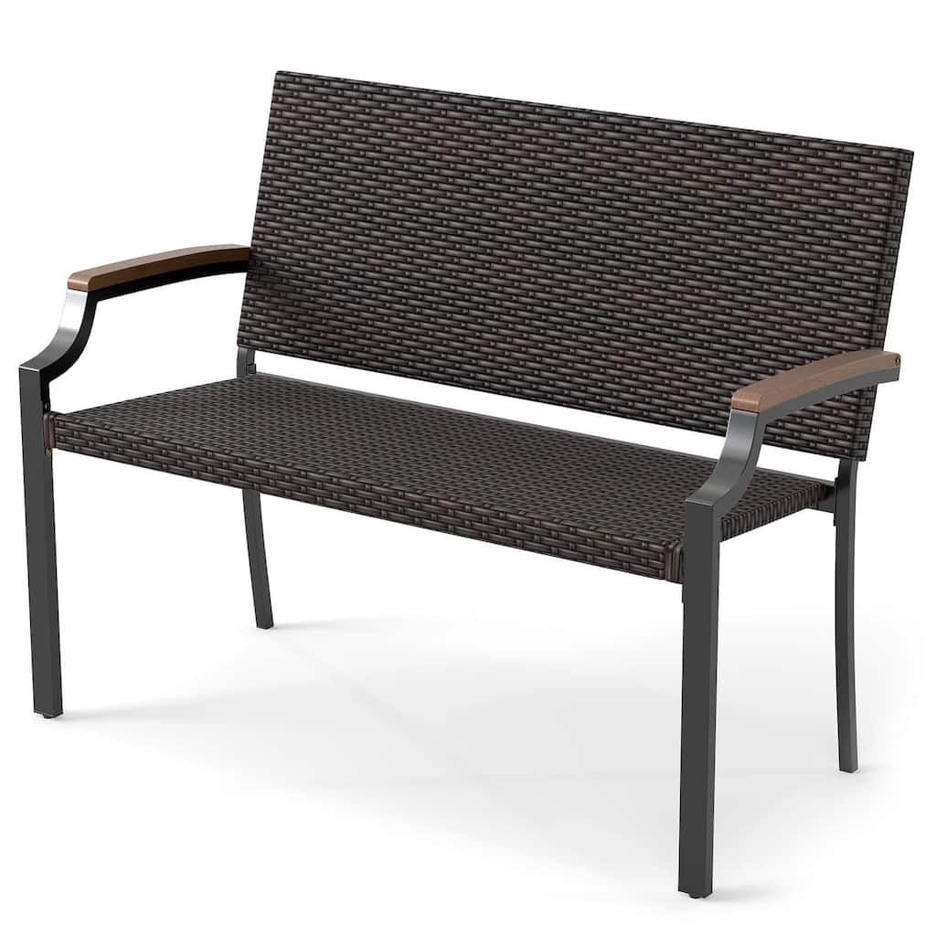 Costway 1/2 PCS Patio Wicker Loveseat Chair with Acacia Wood Armrests