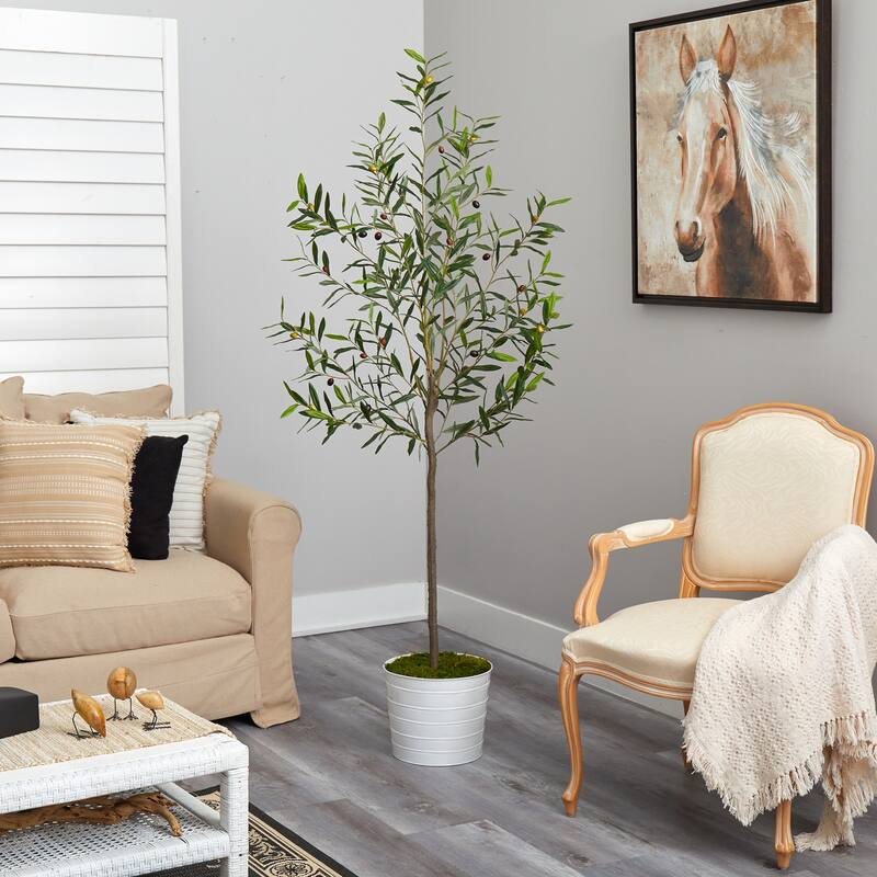 Artificial Olive Tree 70 Inch Indoor Outdoor Plant in White Planter - Green - 61 Inches and Over