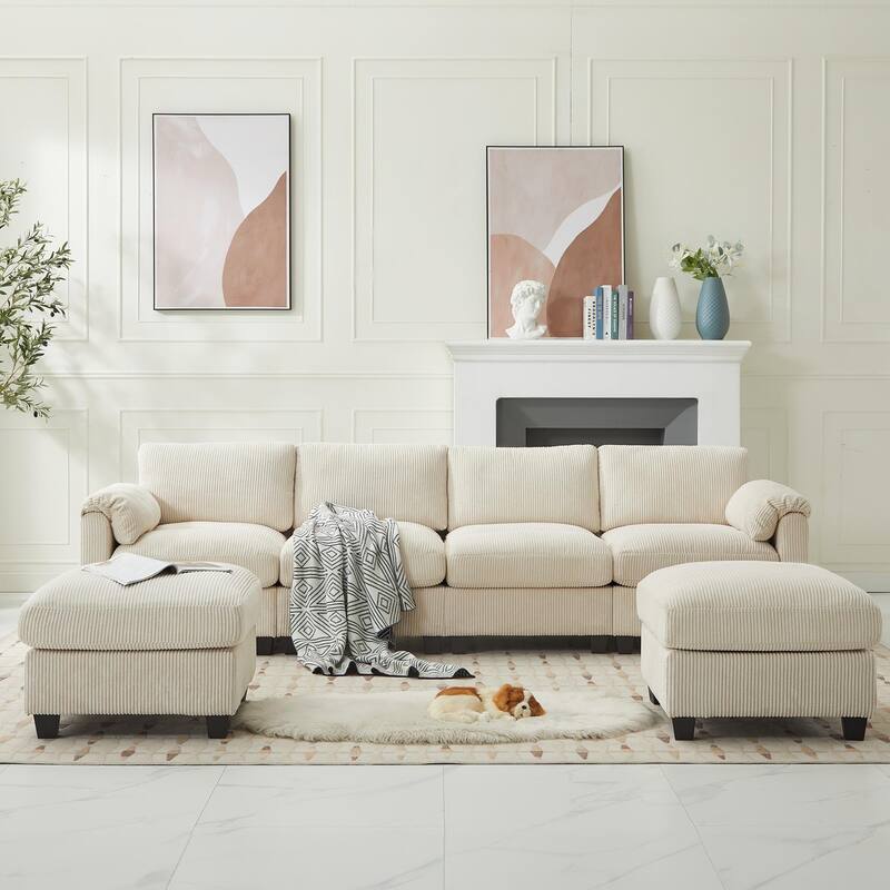Corduroy Sectional Sofas with 2 Removable Ottomans, U-shaped Symmetrical 6-Seat Modular Couch