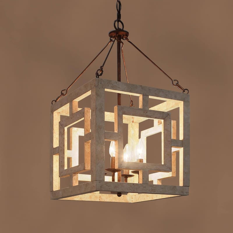 Modern Farmhouse 4-Light Pendant Wood Rustic Square Island Lights - W 13.5" x D 13.5" x H 26"