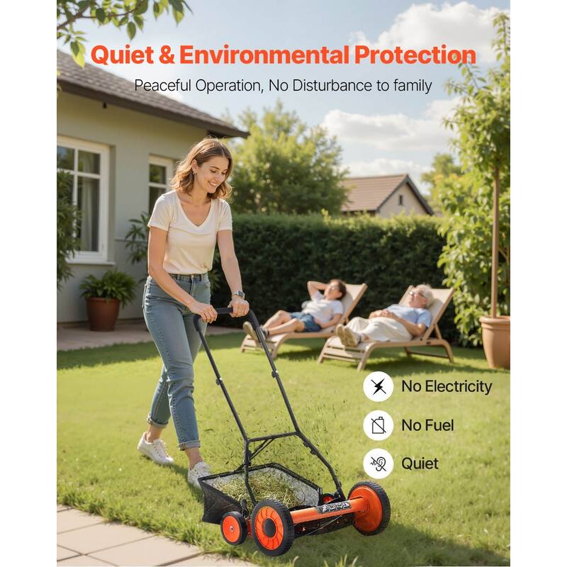 Black-Orange 18 inch Push Lawn Mower with 5 Steel Blades, Adjustable Height and Grass Catcher - 51.18 x 24.21 x 9.65 inches