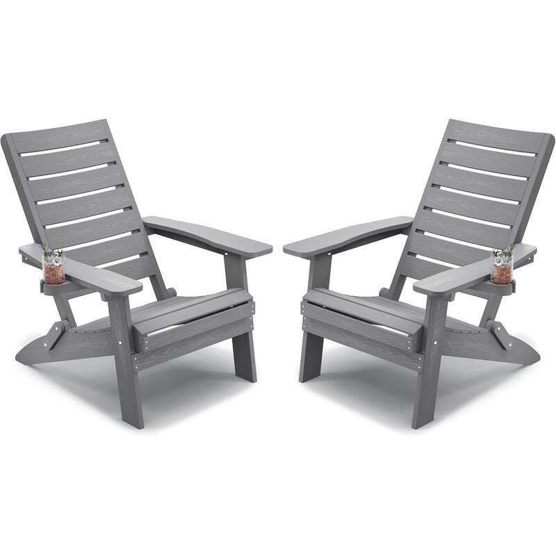 WINSOON HIPS All Weather Folding Adirondack Chairs with Arc Back & Cup Holder Set Of 2 - Grey
