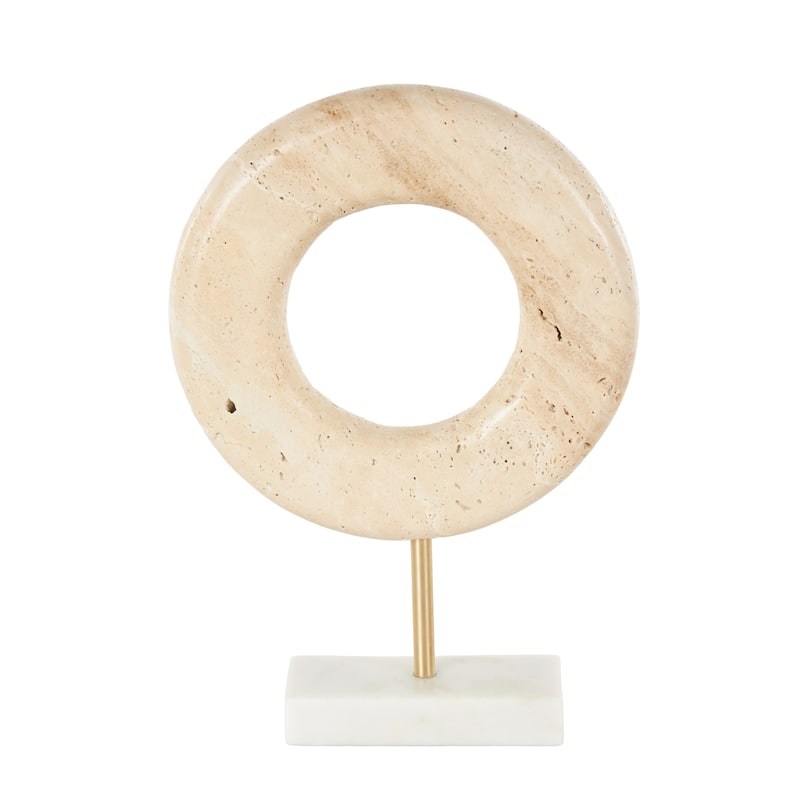 Cream Marble Textured Ring Geometric Decorative Sculpture with White Base and Gold Stand