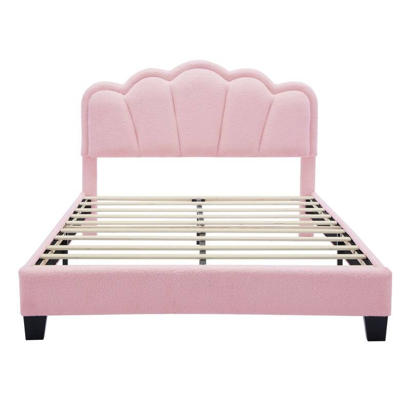 Elegant Sherpa Fabric Platform Bed with LED Light Strip and Flower-Shape Headboard