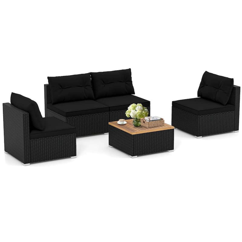 5 PCS Rattan Sofa Set Patio Conversation Set Outdoor Wicker Furniture Set w/Cushions - Black